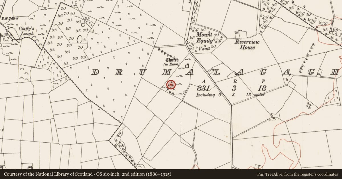 Ordnance Survey six-inch map, 2nd edition (1888–1915) covering the location of Building, Drumalagagh, County Roscommon, with a pin at the register's coordinates