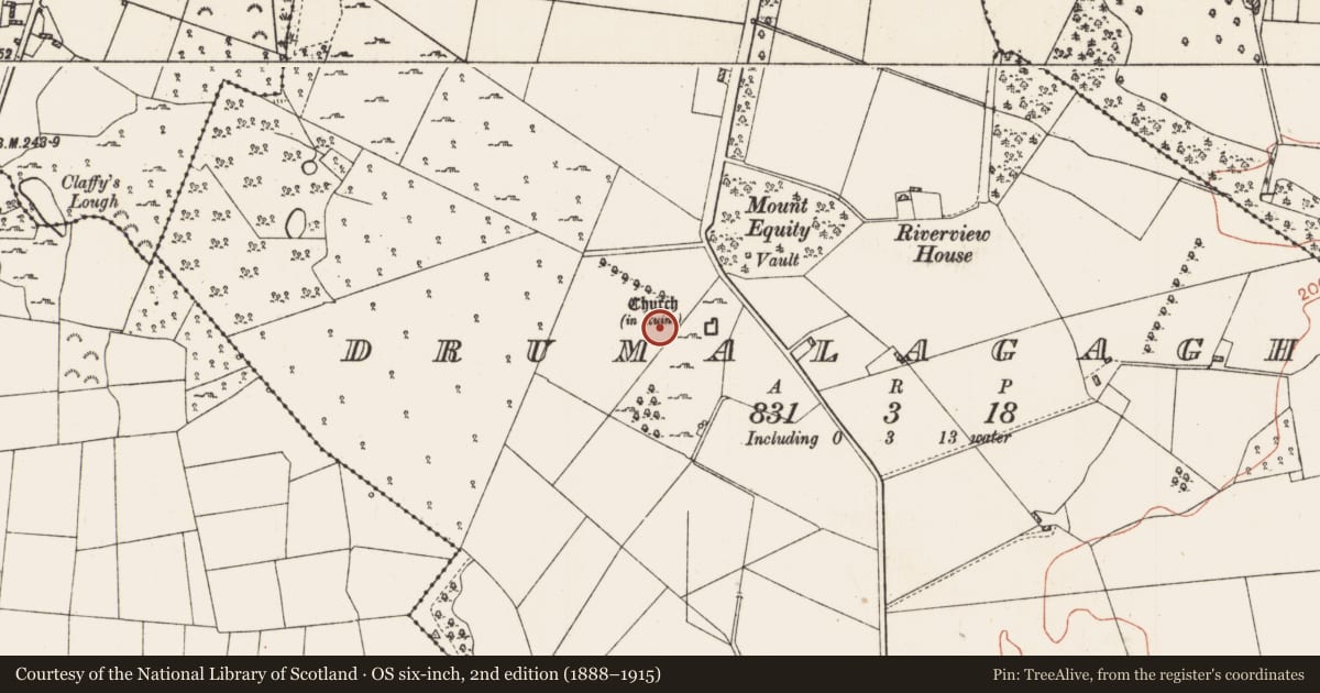 Ordnance Survey six-inch map, 2nd edition (1888–1915) covering the location of House - indeterminate date, Drumalagagh, County Roscommon, with a pin at the register's coordinates