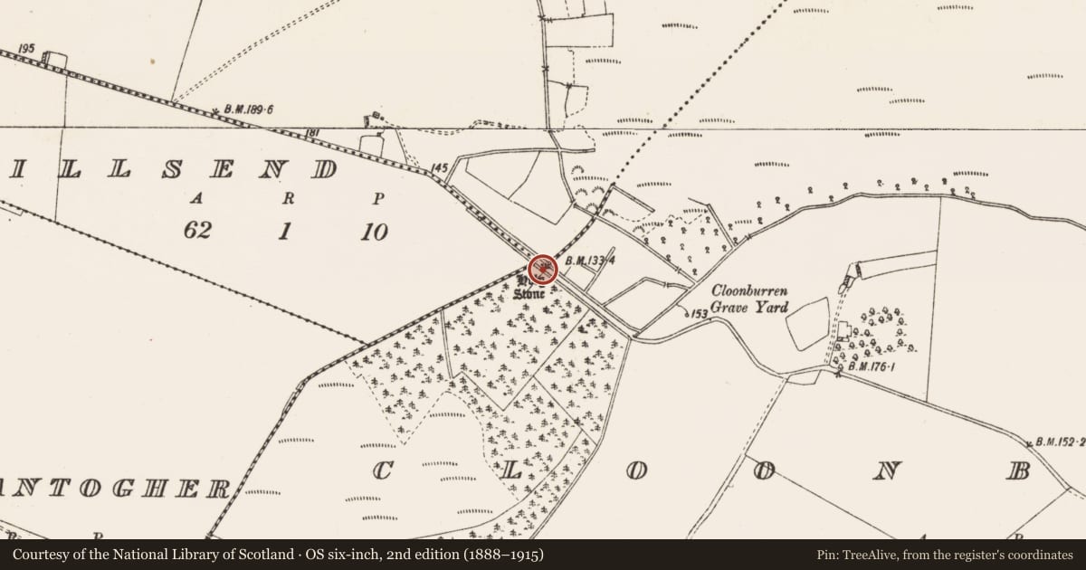 Ordnance Survey six-inch map, 2nd edition (1888–1915) covering the location of Cross - Wayside cross, Cloonburren, County Roscommon, with a pin at the register's coordinates