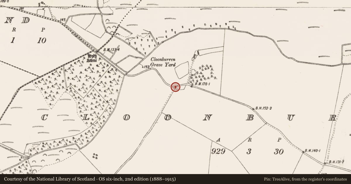 Ordnance Survey six-inch map, 2nd edition (1888–1915) covering the location of Cross, Cloonburren, County Roscommon, with a pin at the register's coordinates