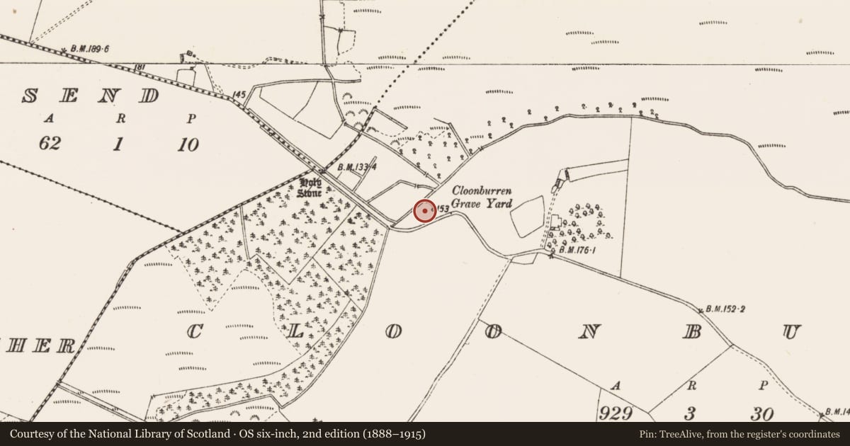 Ordnance Survey six-inch map, 2nd edition (1888–1915) covering the location of Ritual site - holy well, Cloonburren, County Roscommon, with a pin at the register's coordinates