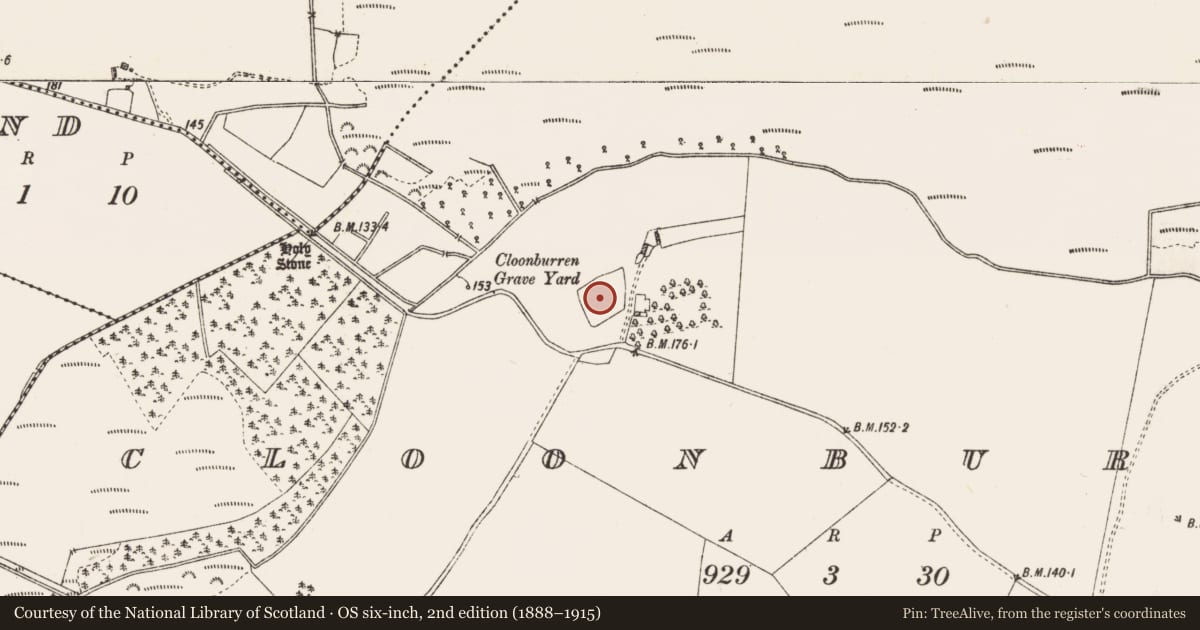 Ordnance Survey six-inch map, 2nd edition (1888–1915) covering the location of Graveyard, Cloonburren, County Roscommon, with a pin at the register's coordinates