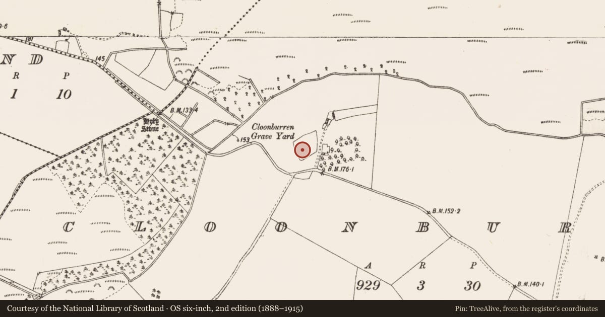 Ordnance Survey six-inch map, 2nd edition (1888–1915) covering the location of Architectural fragment, Cloonburren, County Roscommon, with a pin at the register's coordinates