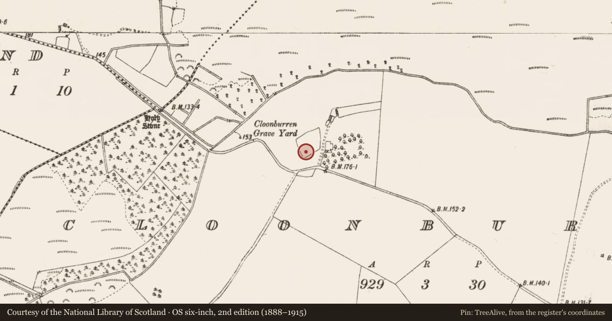 Ordnance Survey six-inch map, 2nd edition (1888–1915) covering the location of Cross-slab, Cloonburren, County Roscommon, with a pin at the register's coordinates
