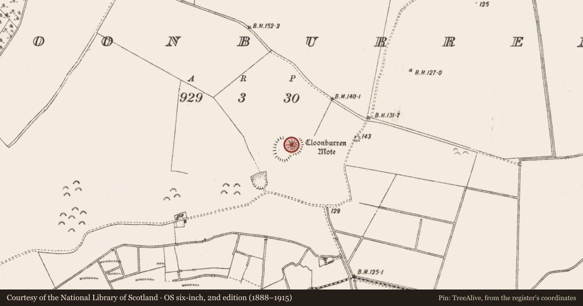 Ordnance Survey six-inch map, 2nd edition (1888–1915) covering the location of Castle - motte and bailey, Cloonburren, County Roscommon, with a pin at the register's coordinates