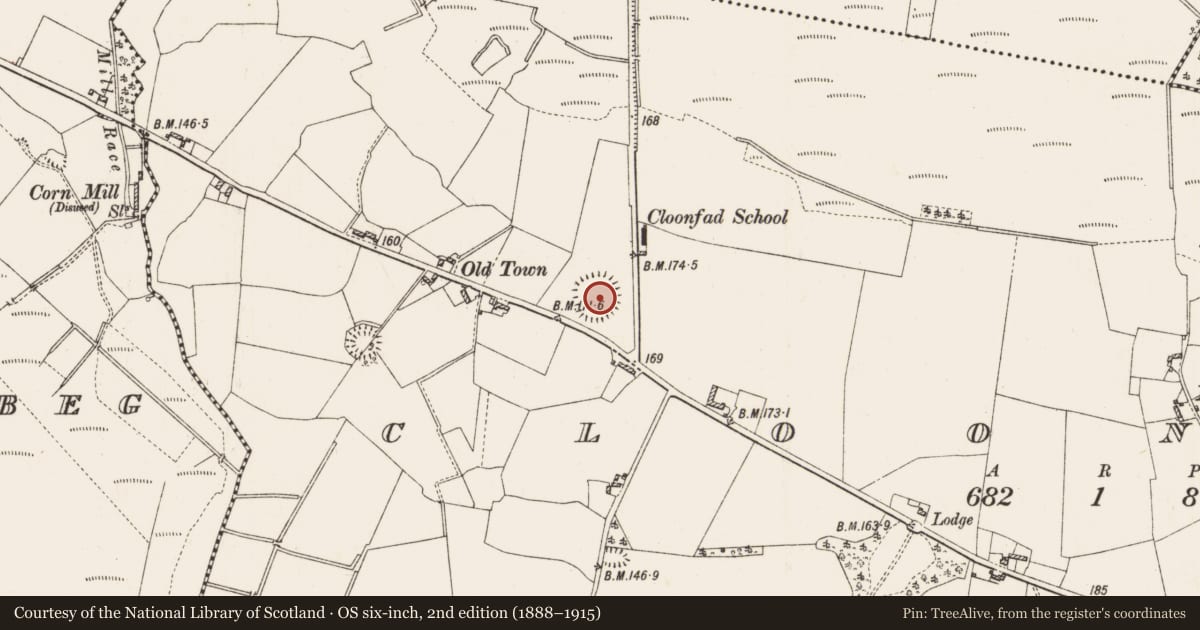 Ordnance Survey six-inch map, 2nd edition (1888–1915) covering the location of Ringfort - rath, Cloonfad, County Roscommon, with a pin at the register's coordinates