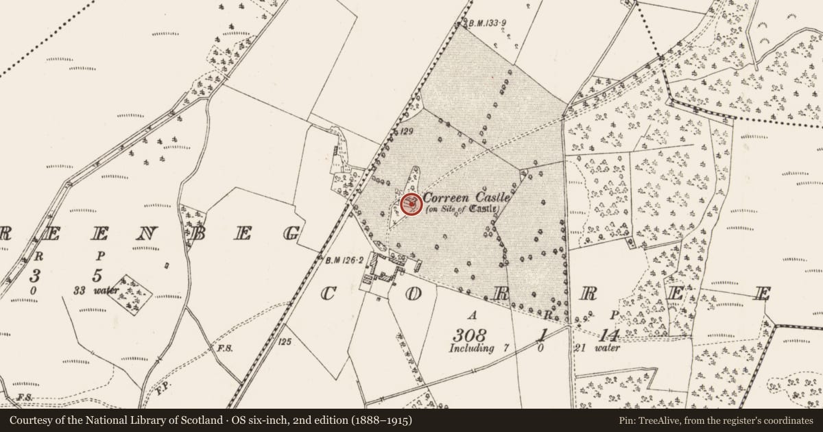 Ordnance Survey six-inch map, 2nd edition (1888–1915) covering the location of Castle - unclassified, Correen, County Roscommon, with a pin at the register's coordinates