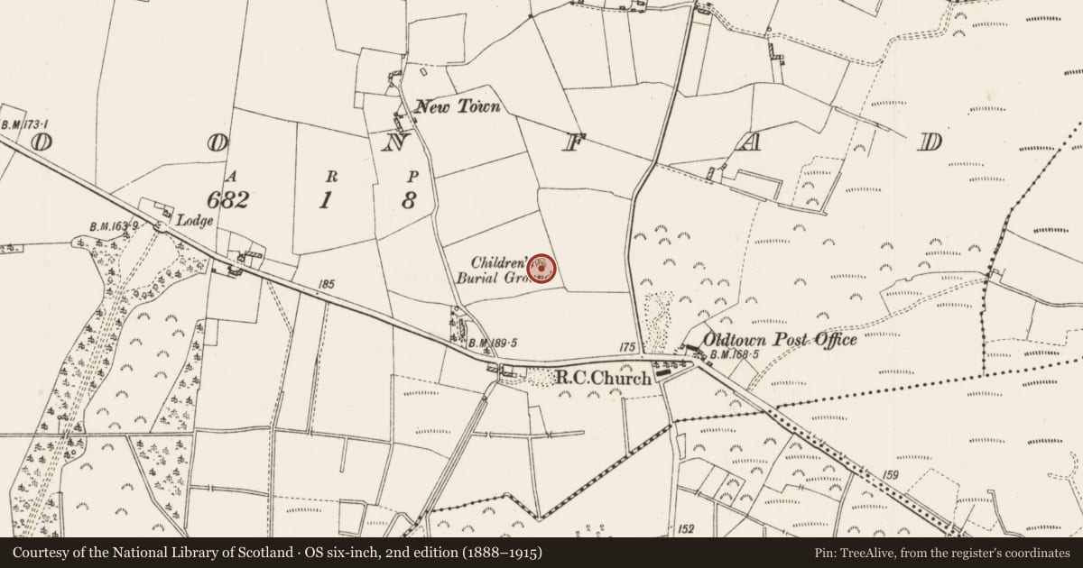 Ordnance Survey six-inch map, 2nd edition (1888–1915) covering the location of Children's burial ground, Cloonfad, County Roscommon, with a pin at the register's coordinates