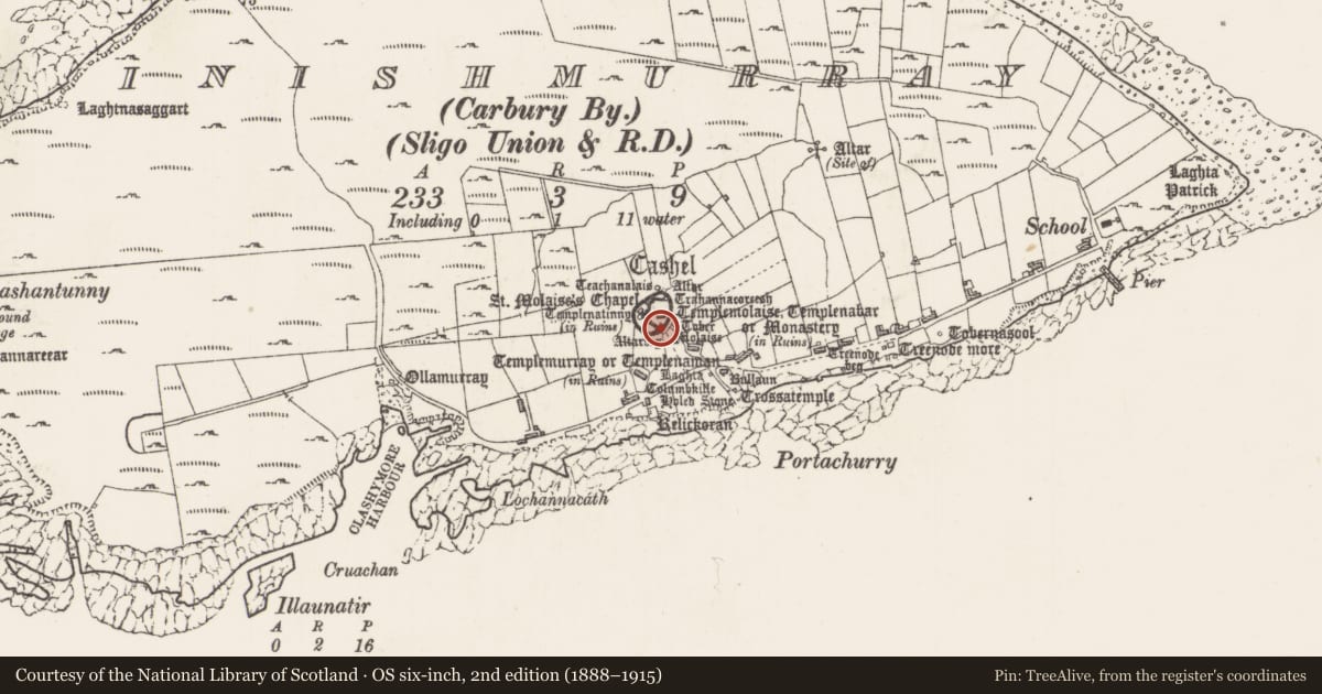 Ordnance Survey six-inch map, 2nd edition (1888–1915) covering the location of Ecclesiastical enclosure, Inishmurray, County Sligo, with a pin at the register's coordinates