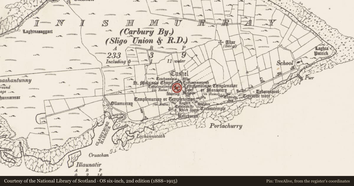 Ordnance Survey six-inch map, 2nd edition (1888–1915) covering the location of Souterrain, Inishmurray, County Sligo, with a pin at the register's coordinates