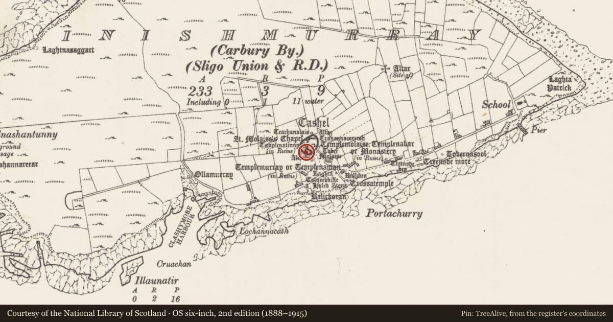 Ordnance Survey six-inch map, 2nd edition (1888–1915) covering the location of Clochan, Inishmurray, County Sligo, with a pin at the register's coordinates