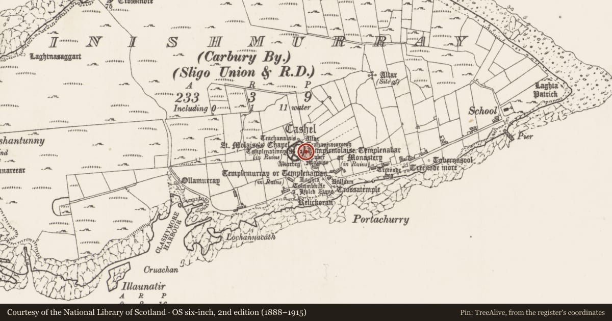 Ordnance Survey six-inch map, 2nd edition (1888–1915) covering the location of Clochan, Inishmurray, County Sligo, with a pin at the register's coordinates