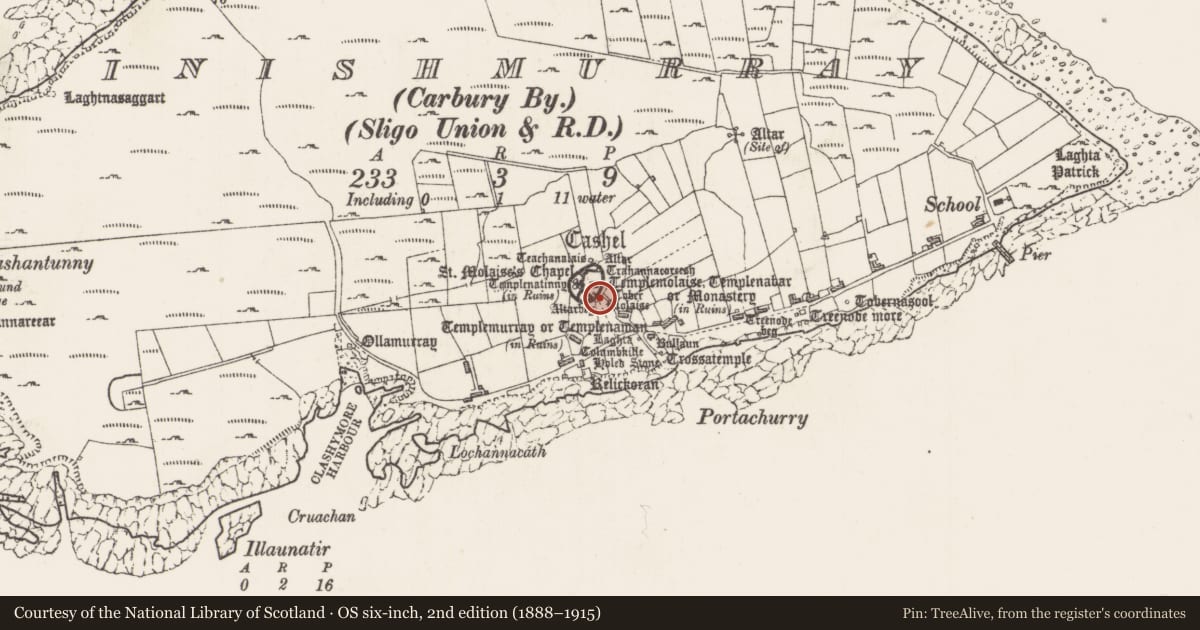 Ordnance Survey six-inch map, 2nd edition (1888–1915) covering the location of Church, Inishmurray, County Sligo, with a pin at the register's coordinates