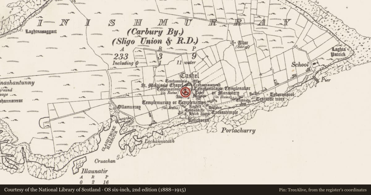 Ordnance Survey six-inch map, 2nd edition (1888–1915) covering the location of Hearth, Inishmurray, County Sligo, with a pin at the register's coordinates