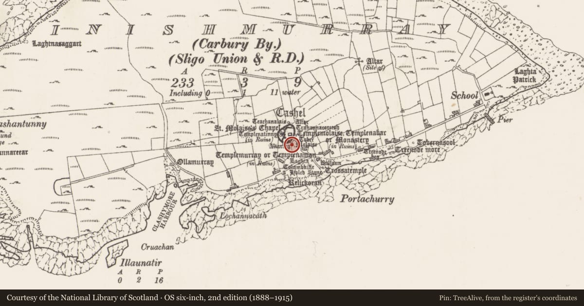 Ordnance Survey six-inch map, 2nd edition (1888–1915) covering the location of Leacht, Inishmurray, County Sligo, with a pin at the register's coordinates
