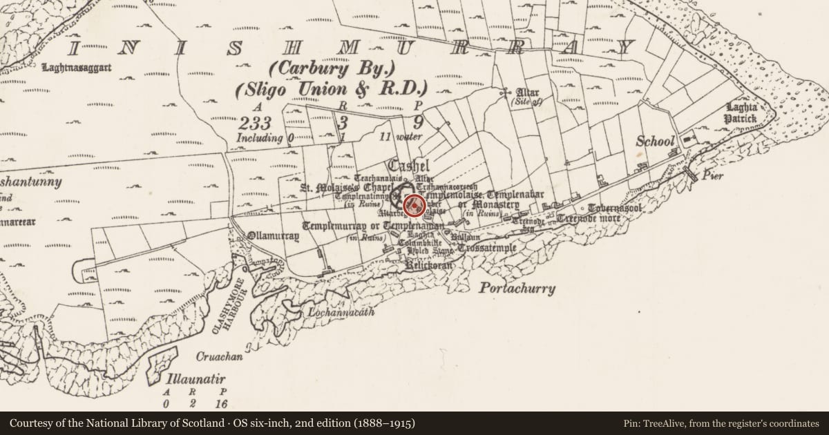 Ordnance Survey six-inch map, 2nd edition (1888–1915) covering the location of Leacht, Inishmurray, County Sligo, with a pin at the register's coordinates