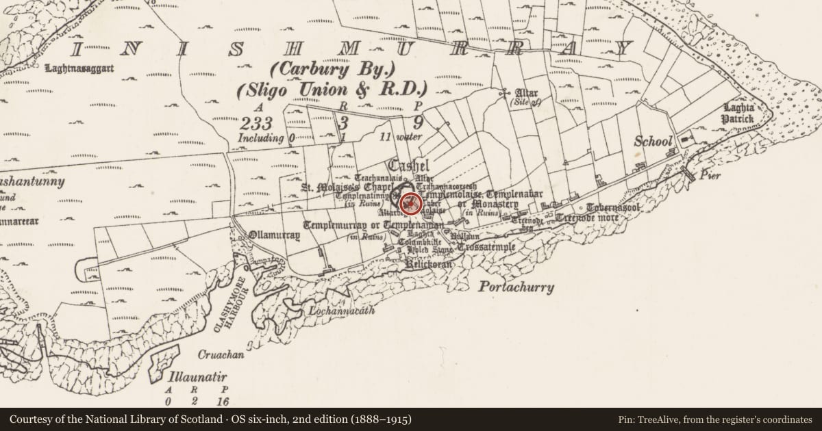 Ordnance Survey six-inch map, 2nd edition (1888–1915) covering the location of Cross-inscribed pillar, Inishmurray, County Sligo, with a pin at the register's coordinates