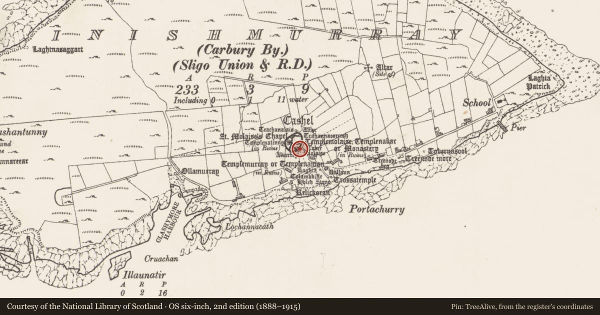 Ordnance Survey six-inch map, 2nd edition (1888–1915) covering the location of Inscribed slab, Inishmurray, County Sligo, with a pin at the register's coordinates