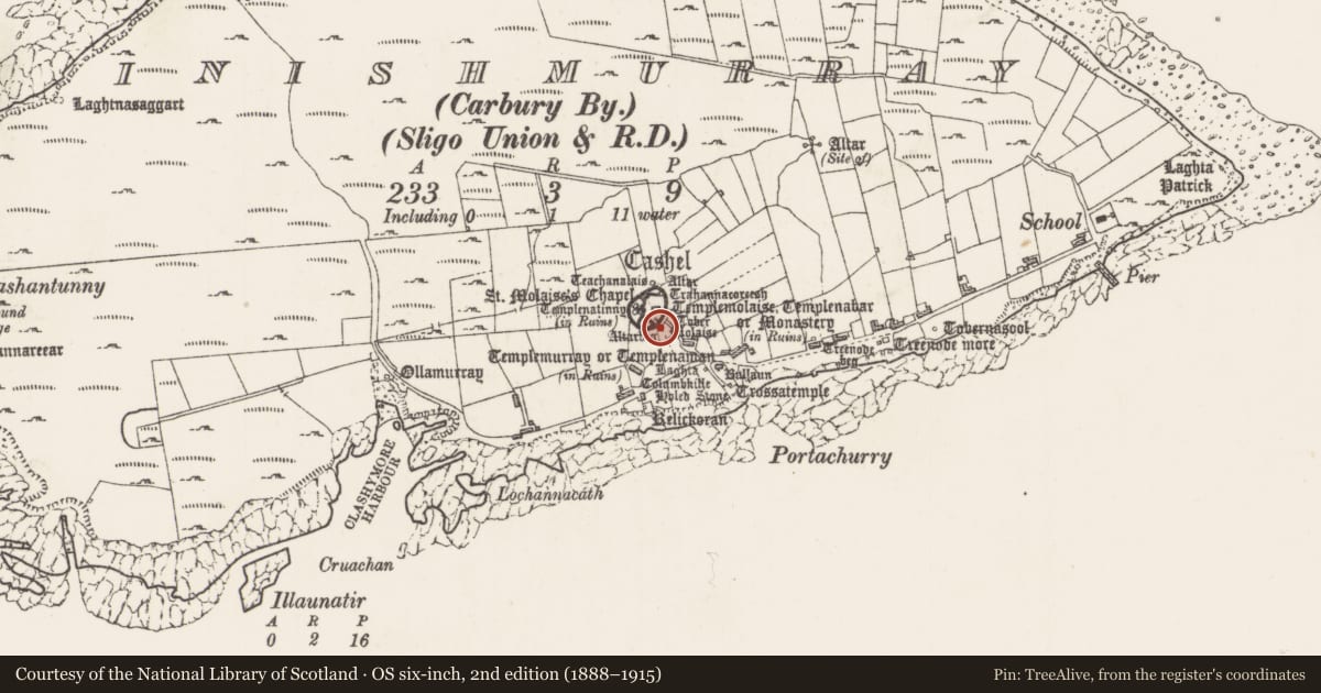 Ordnance Survey six-inch map, 2nd edition (1888–1915) covering the location of Cross-inscribed pillar, Inishmurray, County Sligo, with a pin at the register's coordinates