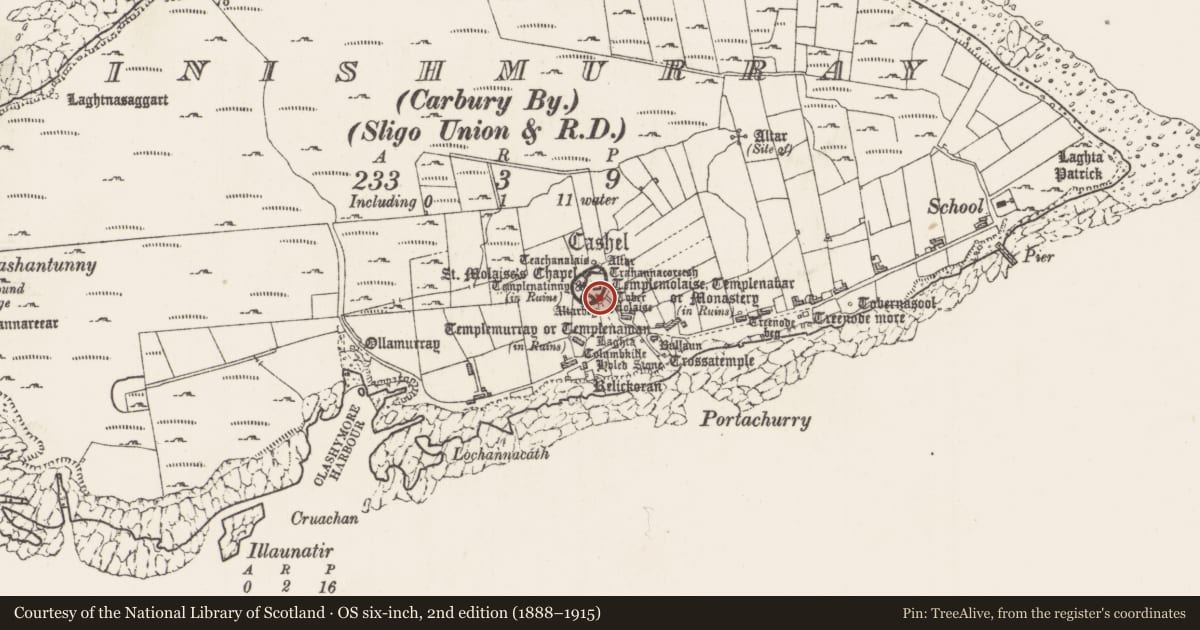 Ordnance Survey six-inch map, 2nd edition (1888–1915) covering the location of Graveyard, Inishmurray, County Sligo, with a pin at the register's coordinates