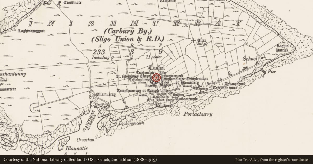 Ordnance Survey six-inch map, 2nd edition (1888–1915) covering the location of Clochan, Inishmurray, County Sligo, with a pin at the register's coordinates
