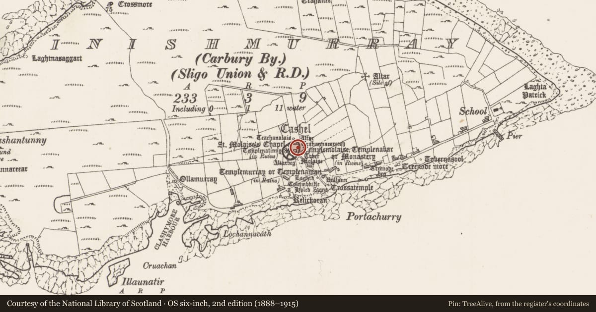 Ordnance Survey six-inch map, 2nd edition (1888–1915) covering the location of Leacht, Inishmurray, County Sligo, with a pin at the register's coordinates
