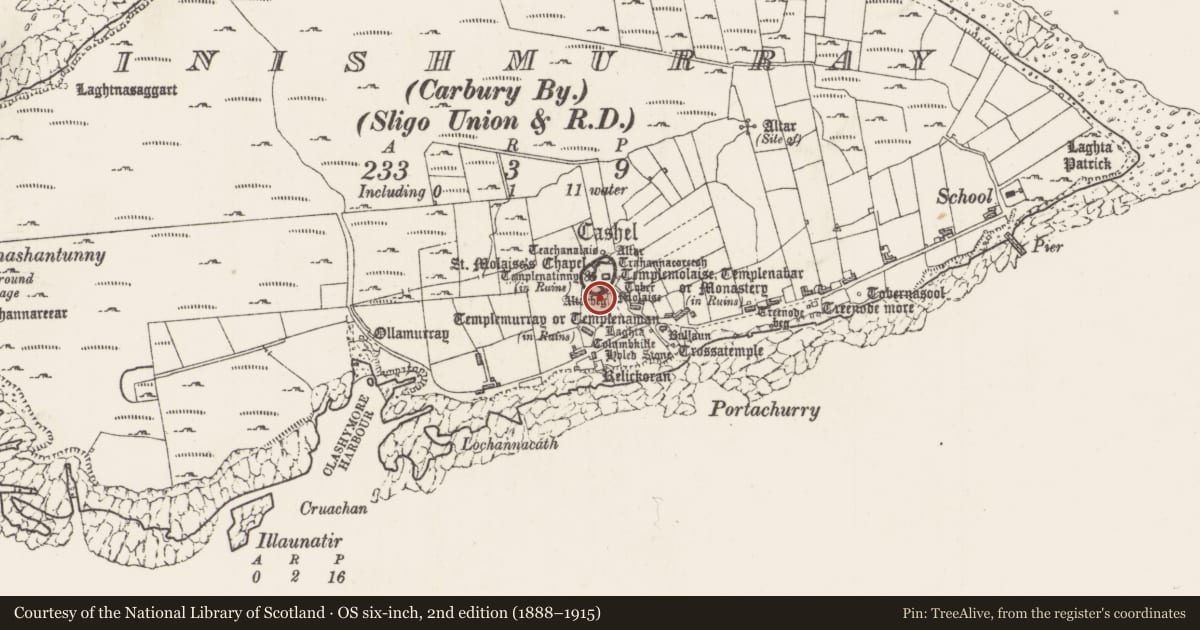 Ordnance Survey six-inch map, 2nd edition (1888–1915) covering the location of Leacht, Inishmurray, County Sligo, with a pin at the register's coordinates