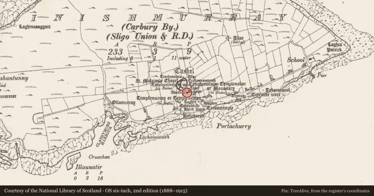Ordnance Survey six-inch map, 2nd edition (1888–1915) covering the location of Cross-slab, Inishmurray, County Sligo, with a pin at the register's coordinates