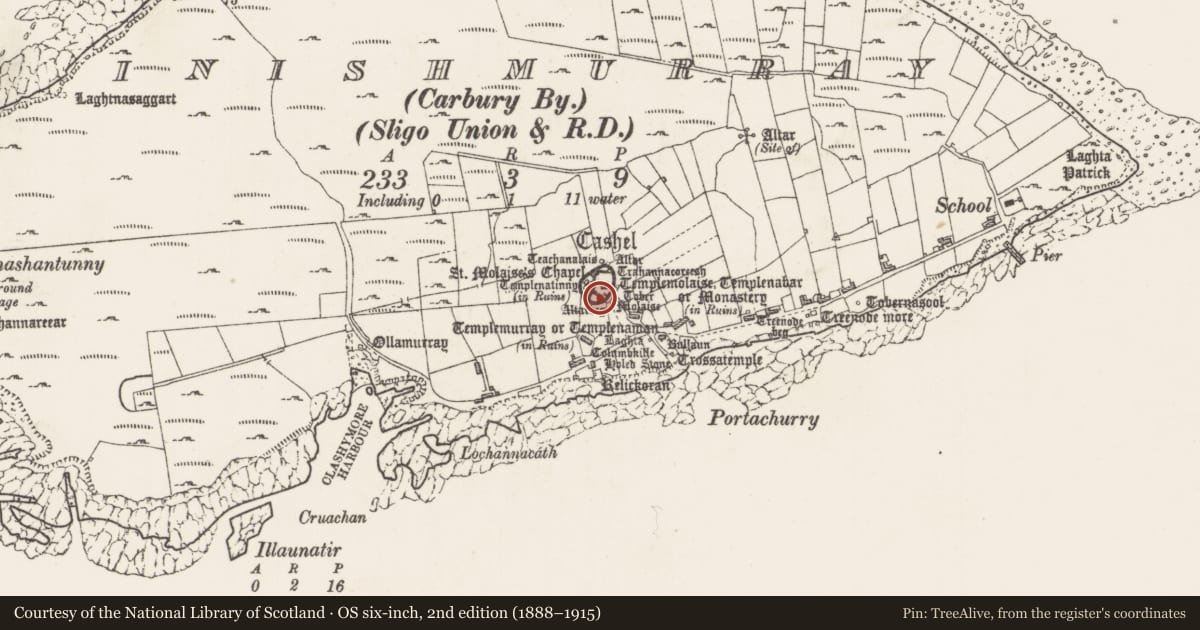 Ordnance Survey six-inch map, 2nd edition (1888–1915) covering the location of Cross-inscribed pillar, Inishmurray, County Sligo, with a pin at the register's coordinates