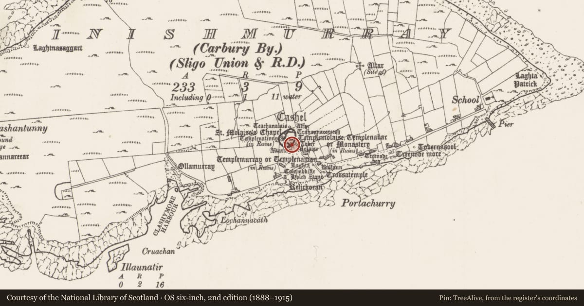 Ordnance Survey six-inch map, 2nd edition (1888–1915) covering the location of Cross-slab, Inishmurray, County Sligo, with a pin at the register's coordinates