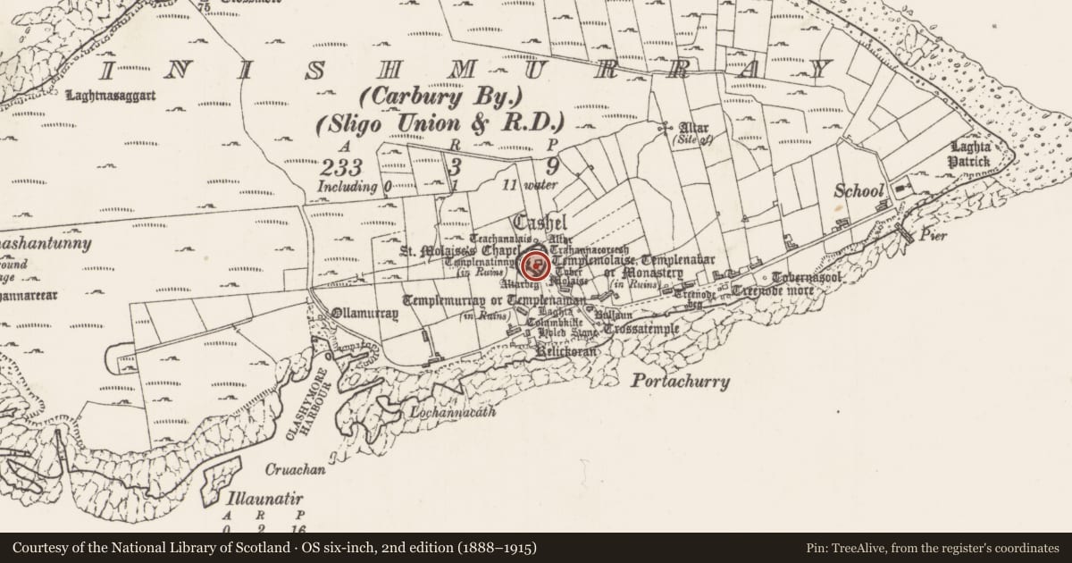 Ordnance Survey six-inch map, 2nd edition (1888–1915) covering the location of Cross-slab, Inishmurray, County Sligo, with a pin at the register's coordinates