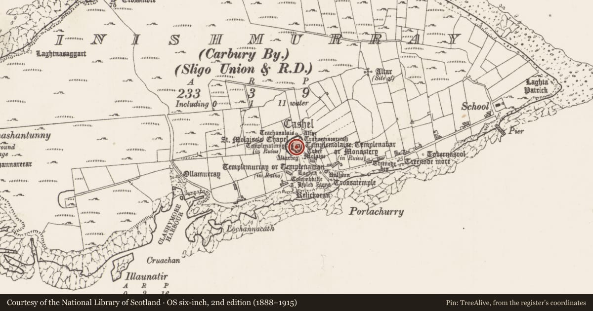 Ordnance Survey six-inch map, 2nd edition (1888–1915) covering the location of Cross-slab, Inishmurray, County Sligo, with a pin at the register's coordinates