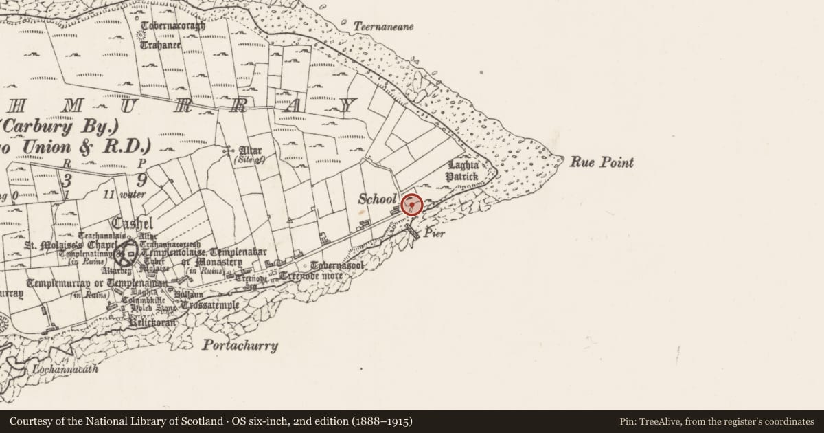Ordnance Survey six-inch map, 2nd edition (1888–1915) covering the location of Cross-slab (present location), Inishmurray, County Sligo, with a pin at the register's coordinates