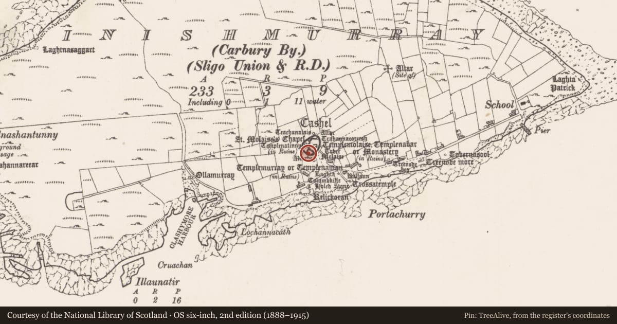 Ordnance Survey six-inch map, 2nd edition (1888–1915) covering the location of Clochan, Inishmurray, County Sligo, with a pin at the register's coordinates