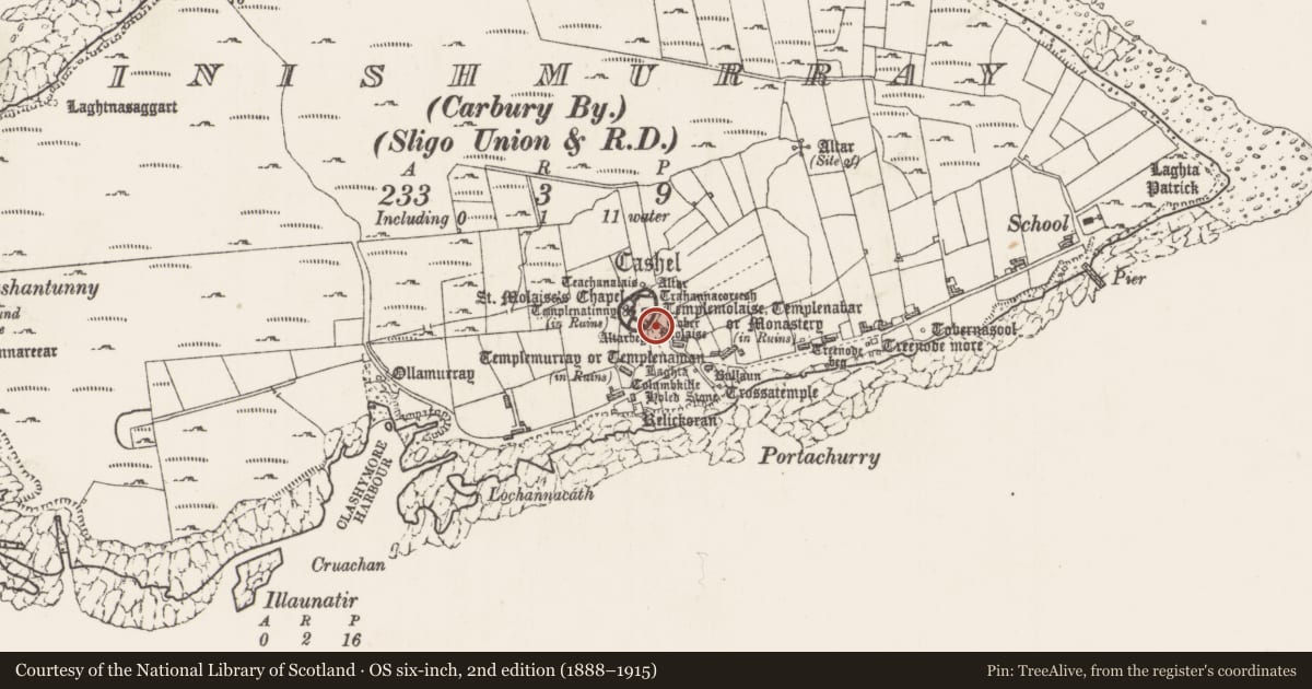 Ordnance Survey six-inch map, 2nd edition (1888–1915) covering the location of Souterrain, Inishmurray, County Sligo, with a pin at the register's coordinates