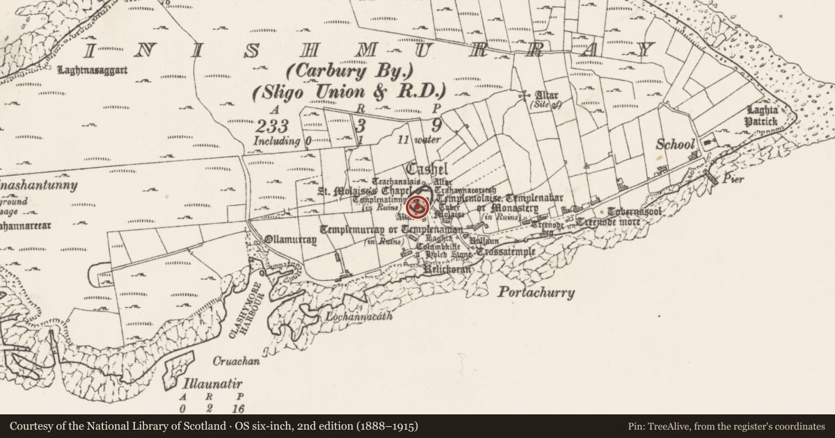 Ordnance Survey six-inch map, 2nd edition (1888–1915) covering the location of Structure, Inishmurray, County Sligo, with a pin at the register's coordinates