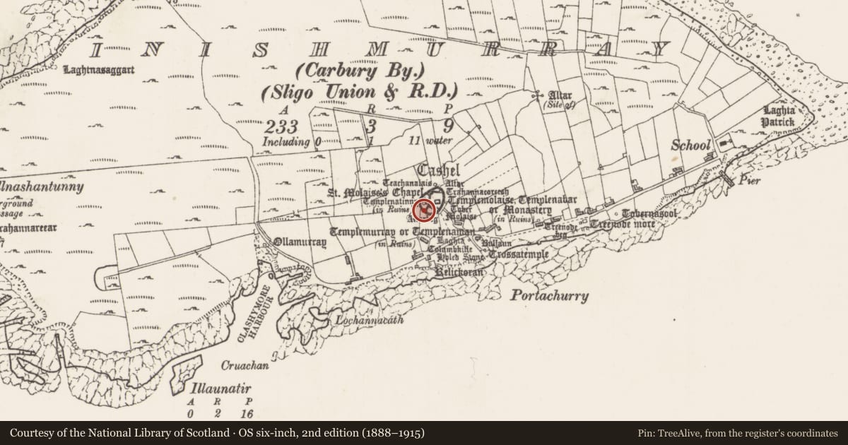 Ordnance Survey six-inch map, 2nd edition (1888–1915) covering the location of Souterrain, Inishmurray, County Sligo, with a pin at the register's coordinates