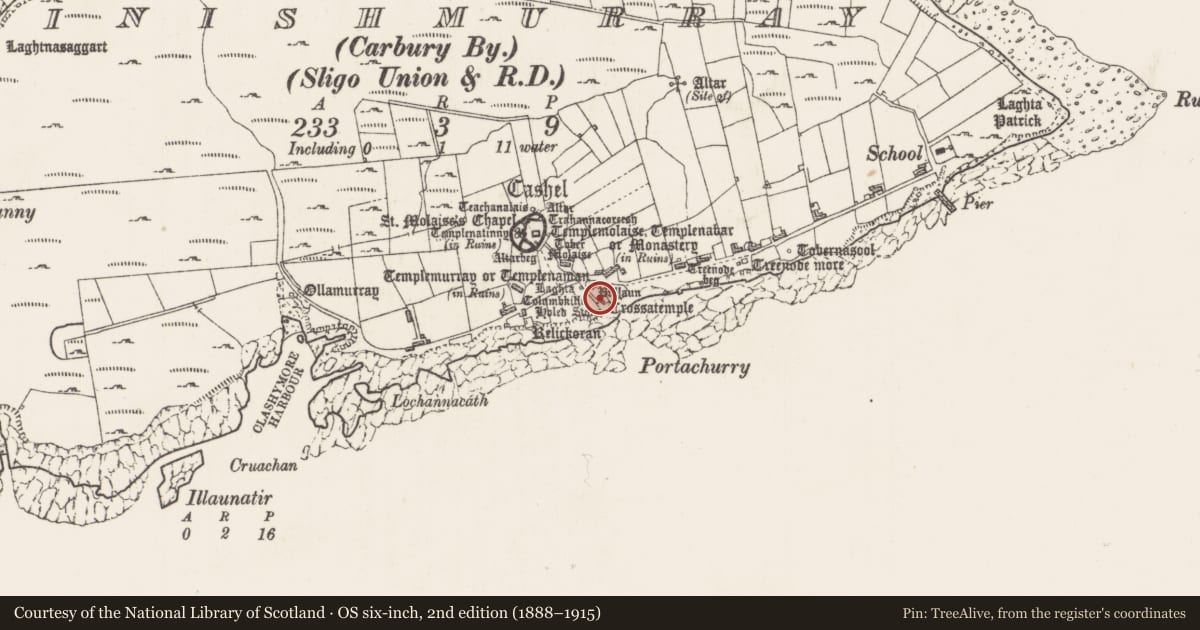 Ordnance Survey six-inch map, 2nd edition (1888–1915) covering the location of Church, Inishmurray, County Sligo, with a pin at the register's coordinates