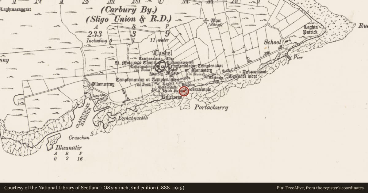 Ordnance Survey six-inch map, 2nd edition (1888–1915) covering the location of Cross-inscribed pillar, Inishmurray, County Sligo, with a pin at the register's coordinates