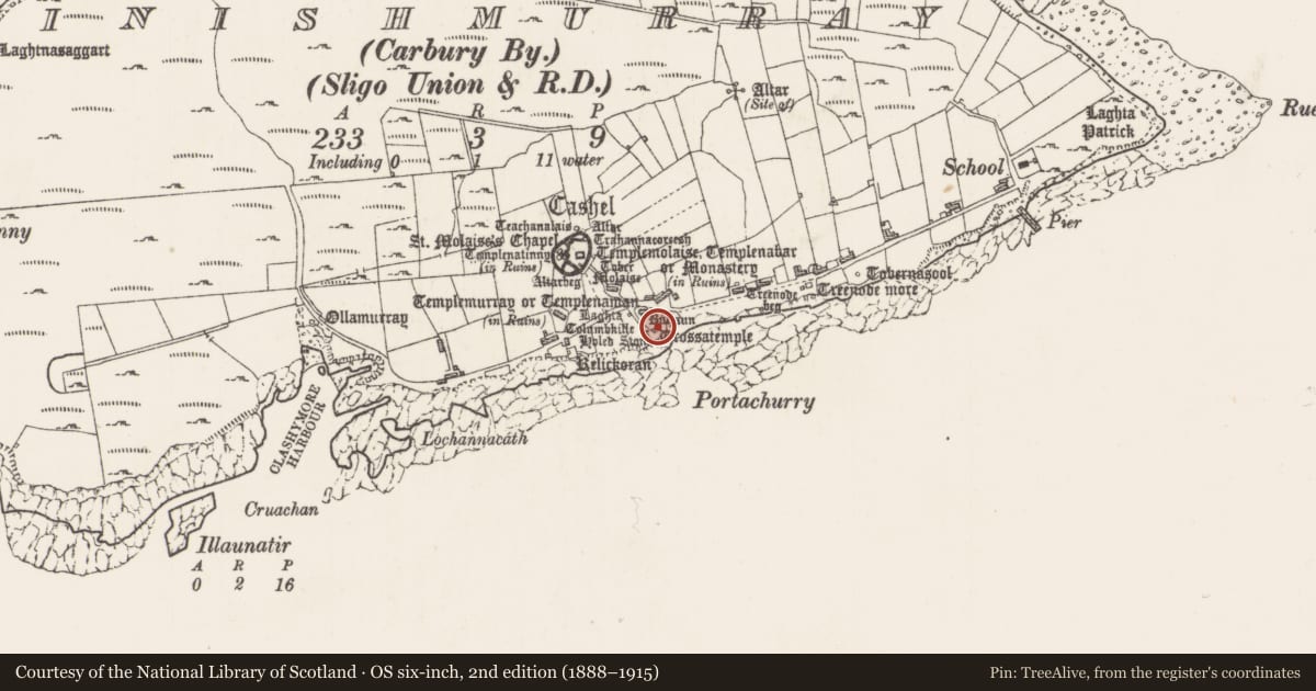 Ordnance Survey six-inch map, 2nd edition (1888–1915) covering the location of Structure, Inishmurray, County Sligo, with a pin at the register's coordinates