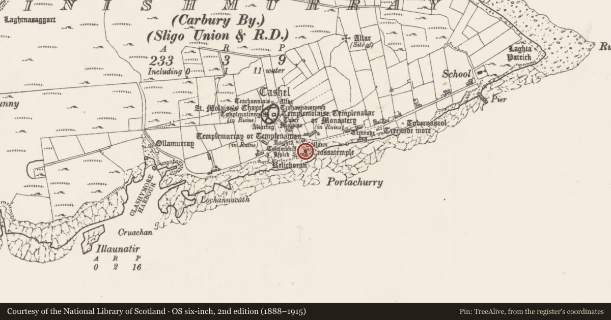 Ordnance Survey six-inch map, 2nd edition (1888–1915) covering the location of Pillar stone, Inishmurray, County Sligo, with a pin at the register's coordinates