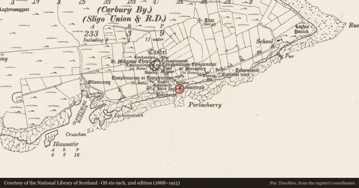 Ordnance Survey six-inch map, 2nd edition (1888–1915) covering the location of Cross-slab, Inishmurray, County Sligo, with a pin at the register's coordinates
