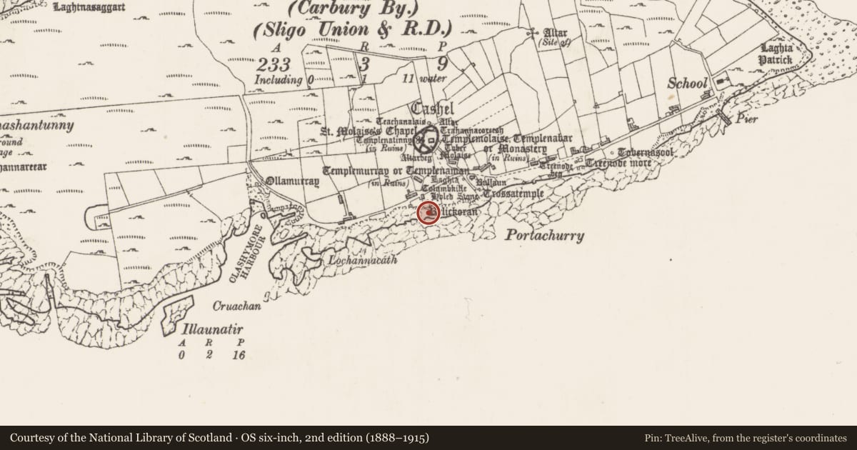 Ordnance Survey six-inch map, 2nd edition (1888–1915) covering the location of Leacht, Inishmurray, County Sligo, with a pin at the register's coordinates