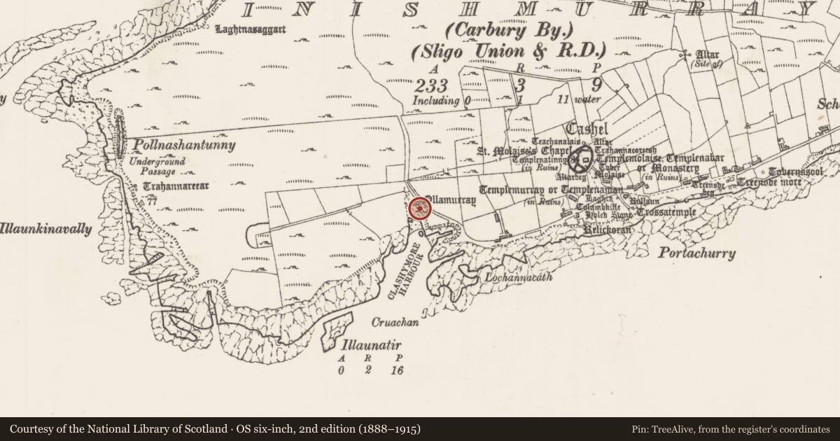 Ordnance Survey six-inch map, 2nd edition (1888–1915) covering the location of Leacht, Inishmurray, County Sligo, with a pin at the register's coordinates