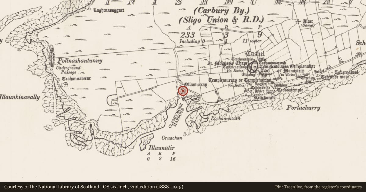 Ordnance Survey six-inch map, 2nd edition (1888–1915) covering the location of Habitation site, Inishmurray, County Sligo, with a pin at the register's coordinates