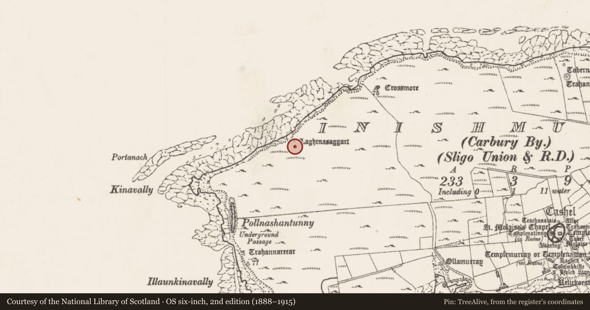 Ordnance Survey six-inch map, 2nd edition (1888–1915) covering the location of Leacht, Inishmurray, County Sligo, with a pin at the register's coordinates