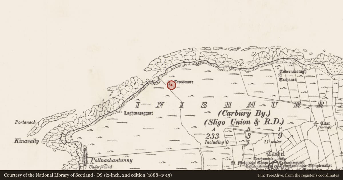Ordnance Survey six-inch map, 2nd edition (1888–1915) covering the location of Leacht, Inishmurray, County Sligo, with a pin at the register's coordinates
