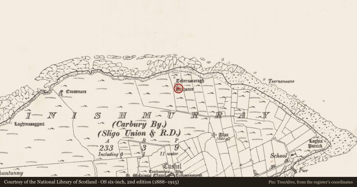 Ordnance Survey six-inch map, 2nd edition (1888–1915) covering the location of Enclosure, Inishmurray, County Sligo, with a pin at the register's coordinates