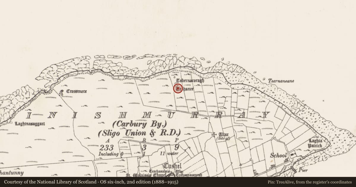 Ordnance Survey six-inch map, 2nd edition (1888–1915) covering the location of Leacht, Inishmurray, County Sligo, with a pin at the register's coordinates