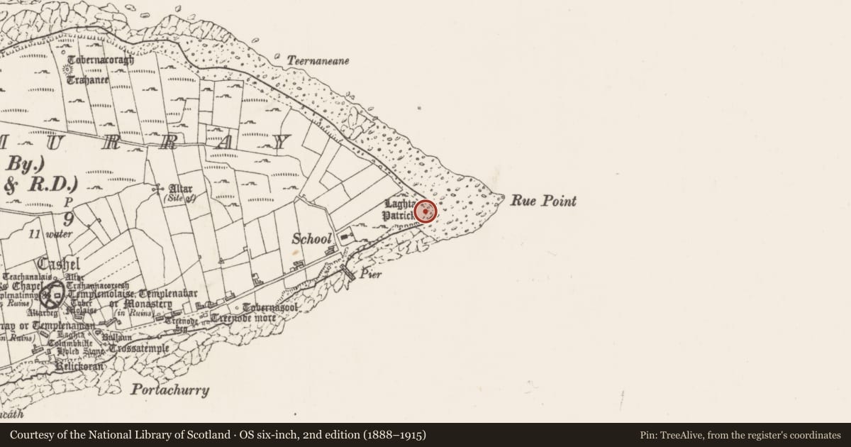 Ordnance Survey six-inch map, 2nd edition (1888–1915) covering the location of Leacht, Inishmurray, County Sligo, with a pin at the register's coordinates